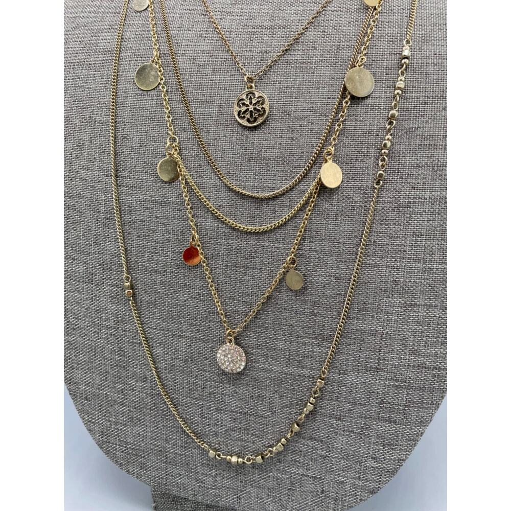 Charming Charlie Layered Necklace Gold Tone Rhinestone Modernist Bohemian 17"